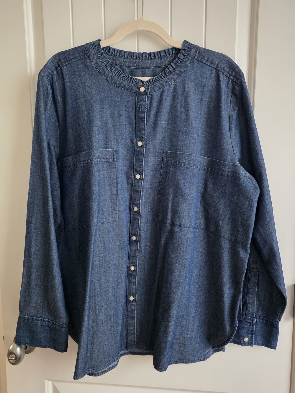 LOFT Dark Blue Button-Front Ruffle Collar Chambray Shirt Plus Size XXL